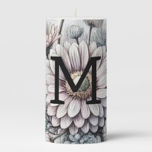 Monogram floral drawing pink gerbera daisies  pillar candle