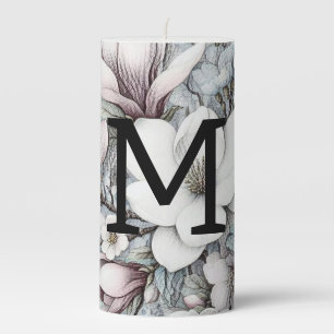 Monogram floral drawing pink magnolias flowers pillar candle