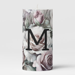 Monogram floral drawing pink purple blue roses pillar candle