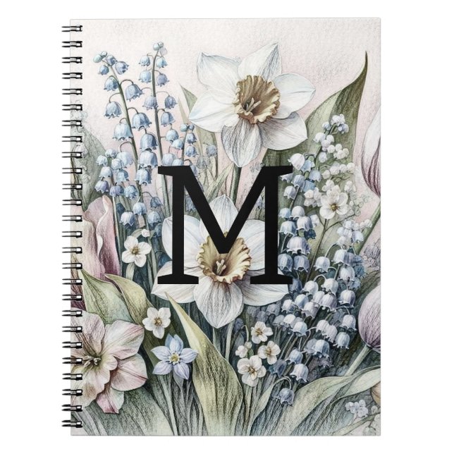 Monogram floral drawing pink tulips daffodils  notebook (Front)