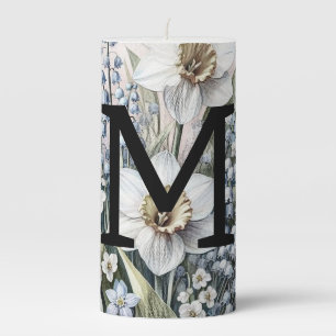 Monogram floral drawing pink tulips daffodils pillar candle