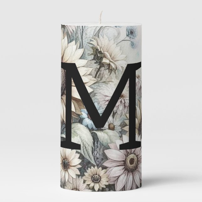 Monogram floral drawing pink yellow sunflowers pillar candle (Front)