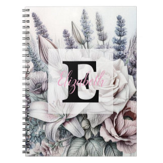 Monogram floral drawing roses lavender lilies notebook