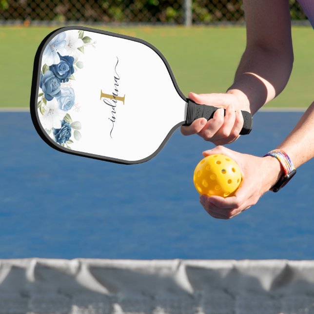Monogram Floral Dusty Blue Name Initial Script Pickleball Paddle (Insitu)