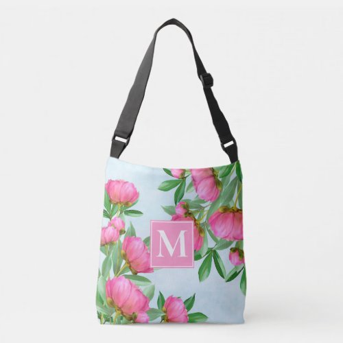 Monogram Floral Elegant Pink Peonies Simple Garden Crossbody Bag