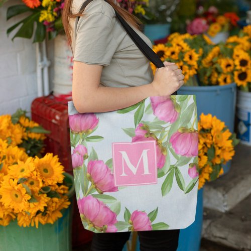 Monogram Floral Elegant Pink Peonies Simple Garden Tote Bag