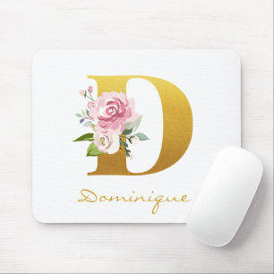 Monogram Floral Faux Gold Name Initial Personalize Mouse Pad