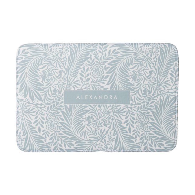 Monogram Floral Foliage Elegan Dusty Blue Bath Mat (Front)