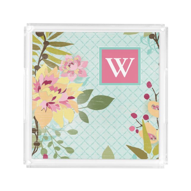 Monogram | Floral Garden, Blue Background Acrylic Tray (Front)