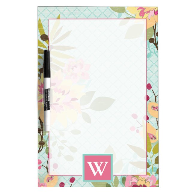 Monogram | Floral Garden, Blue Background Dry Erase Board (Front)