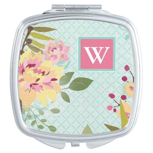 Monogram | Floral Garden, Blue Background Makeup Mirror (Front)