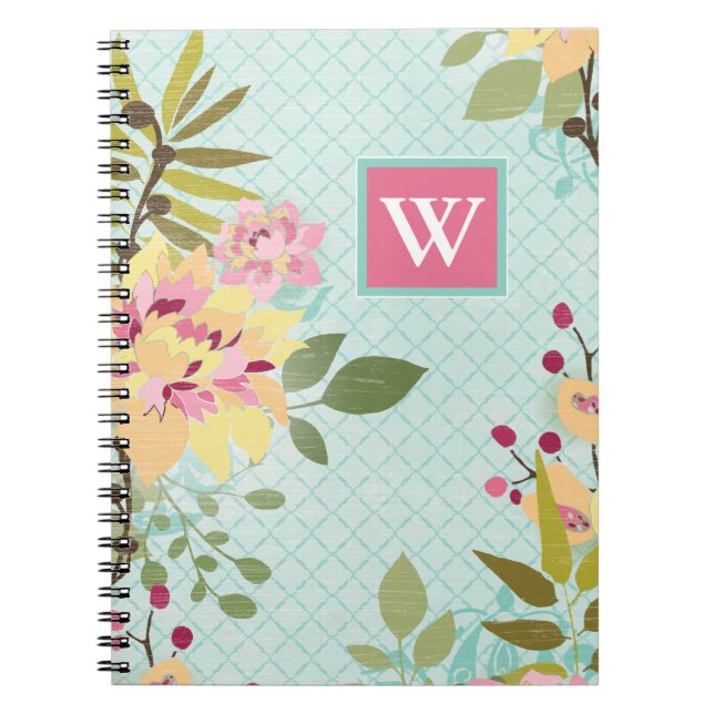 Monogram | Floral Garden, Blue Background Notebook (Front)