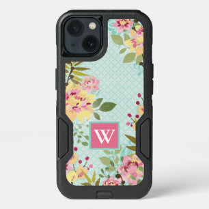 Monogram   Floral Garden, Blue Background iPhone 13 Case