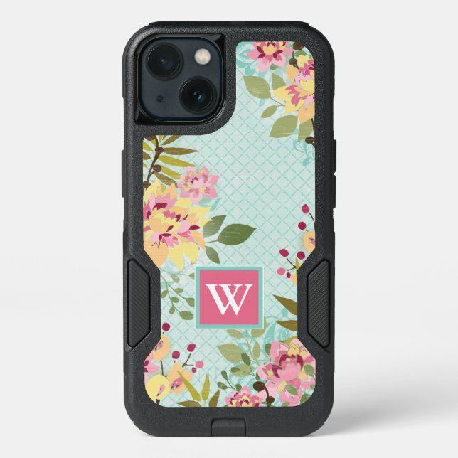 Monogram | Floral Garden, Blue Background Otterbox iPhone Case (Back)