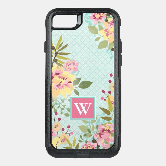 Monogram | Floral Garden, Blue Background Otterbox iPhone Case (Back)