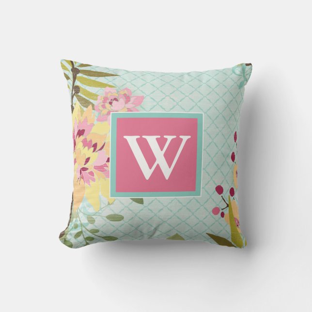 Monogram | Floral Garden, Blue Background Throw Pillow (Front)