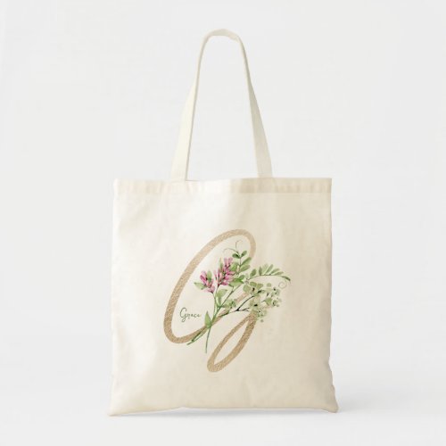  Monogram Floral Gold Initial G with Name Tote Bag