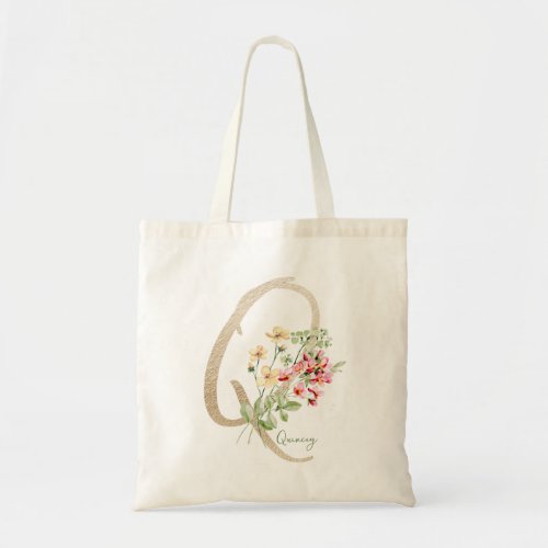 Monogram Floral Gold Initial Q with Name Tote Bag