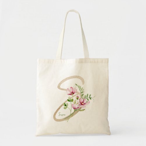 Monogram Floral Gold Initial S with Name Tote Bag