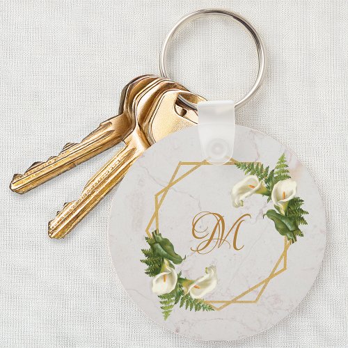 Monogram Floral Gold Marble Calla Lilies Initial Keychain