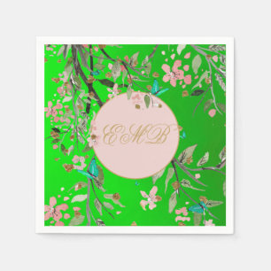 Monogram Floral Green Elegant Pink Gold Birthday Napkins
