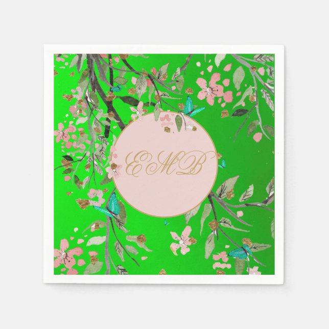 Monogram Floral Green Elegant Pink Gold Birthday Napkins (Front)