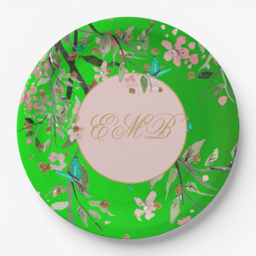 Monogram Floral Green Pink  Elegant Gold Birthday Paper Plates