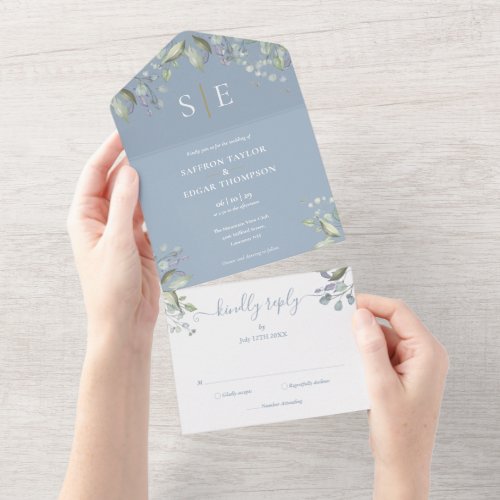 Monogram Floral Greenery Dusty Blue Wedding All In One Invitation