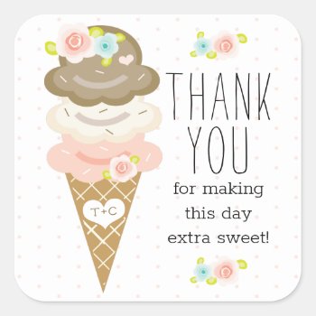 Monogram Floral Ice Cream Bridal Shower Thank You Square Sticker by OccasionInvitations at Zazzle