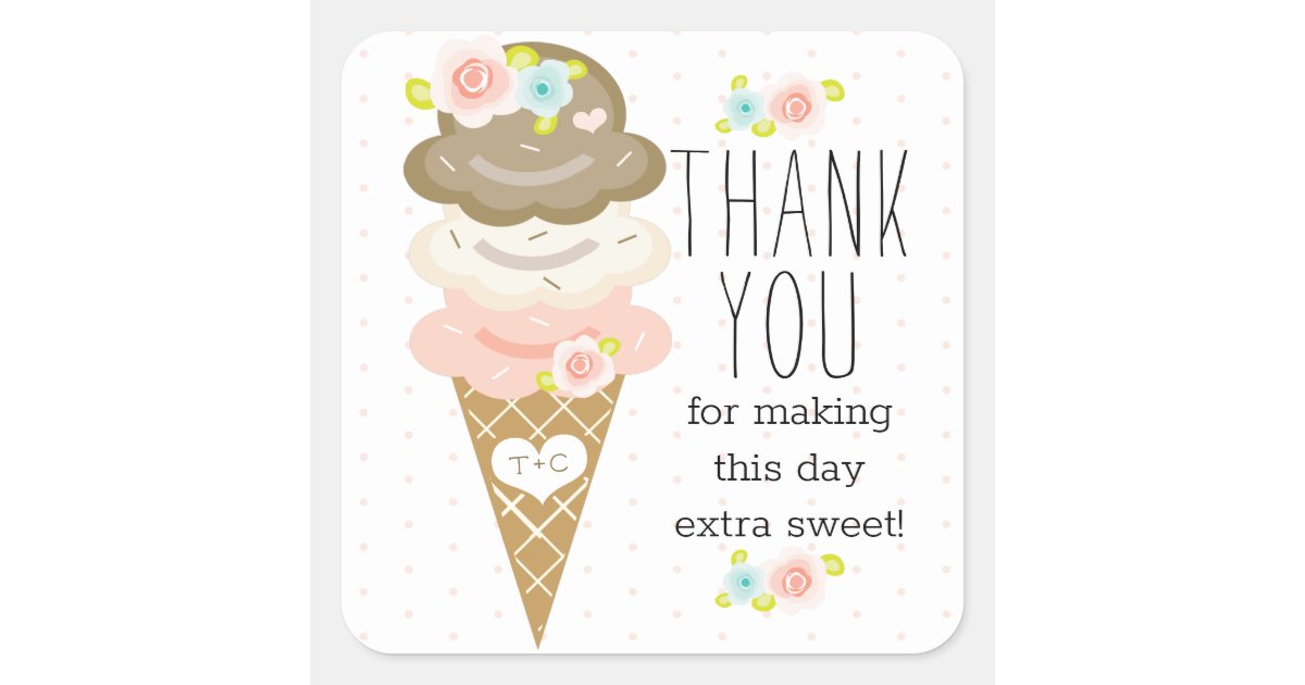 Monogram Floral Ice Cream Bridal Shower Thank You Square Sticker | Zazzle