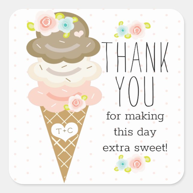 Monogram Floral Ice Cream Bridal Shower Thank You Square Sticker (Front)