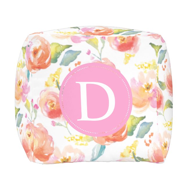 Monogram Floral Indoor/Outdoor Pouf (Front)