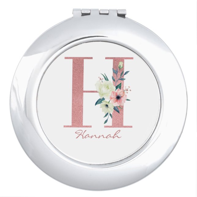 Monogram Floral Letter H Pink and Ivory Bouquet Compact Mirror (Front)