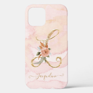 Monogram Floral Letter L Gold Script Watercolor iPhone 12 Case