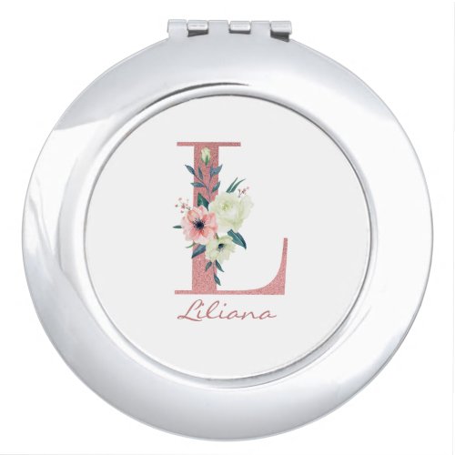 Monogram Floral Letter L Pink and Ivory Bouquet Compact Mirror