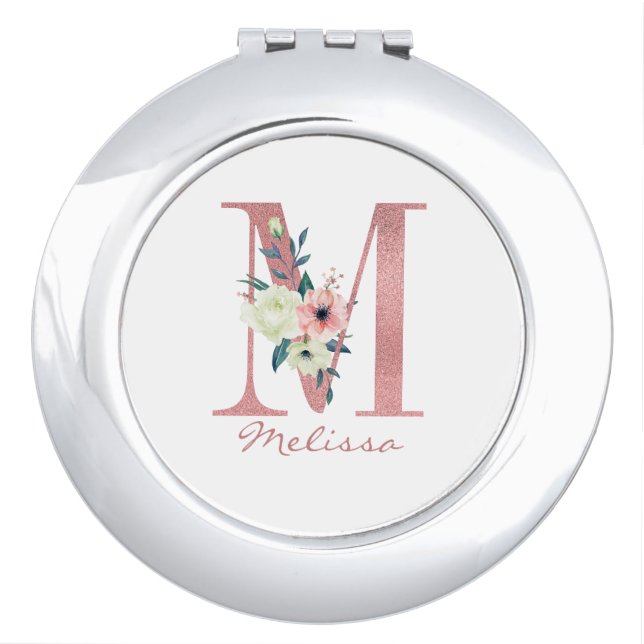 Monogram Floral Letter M Pink and Ivory Bouquet Compact Mirror (Front)