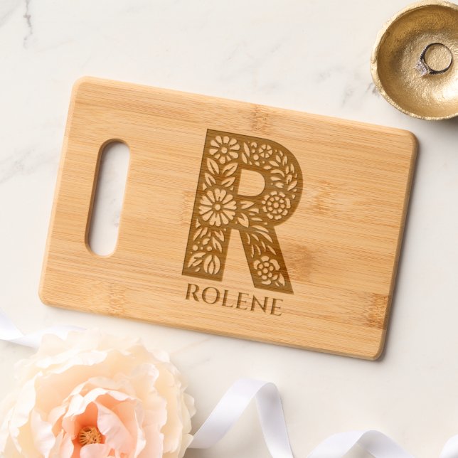 Monogram Floral letter R Custom Charcuterie Engraved Cutting Board (Wedding)