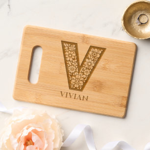 Monogram Floral letter V Custom Charcuterie Engraved Cutting Board