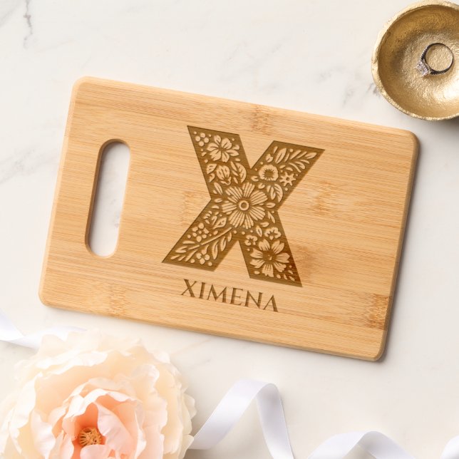 Monogram Floral letter X Custom Charcuterie Engraved Cutting Board (Wedding)