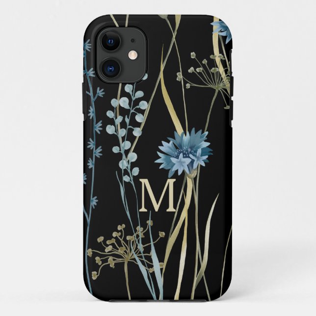Monogram Floral Light Blue & Gold on Black Case-Mate iPhone Case (Back)