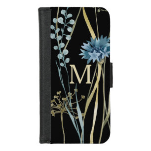 Monogram Floral Light Blue & Gold on Black iPhone 8/7 Wallet Case