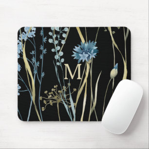 Monogram Floral Light Blue & Gold on Black  Mouse Pad