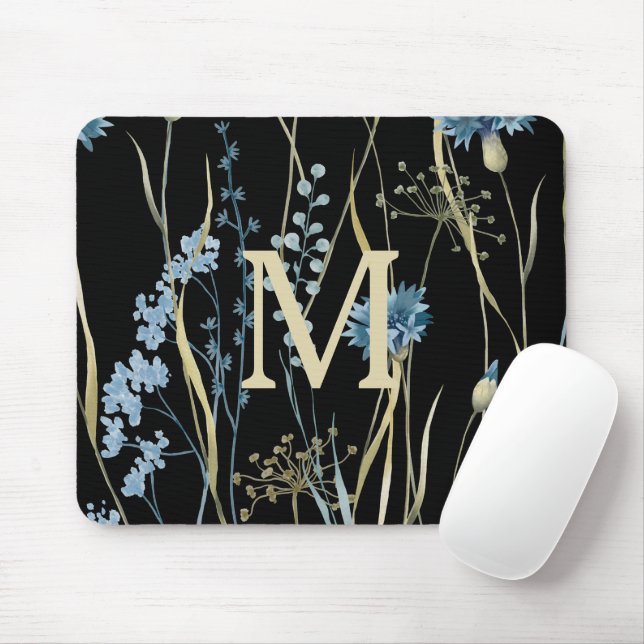 Monogram Floral Light Blue & Gold on Black Mouse Pad (With Mouse)