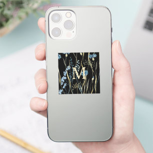 Monogram Floral Light Blue & Gold on Black Sticker