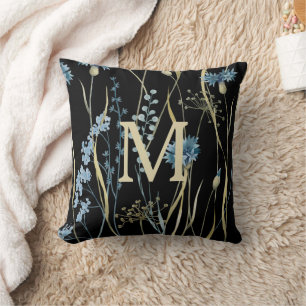 Monogram Floral Light Blue & Gold on Black Throw Pillow