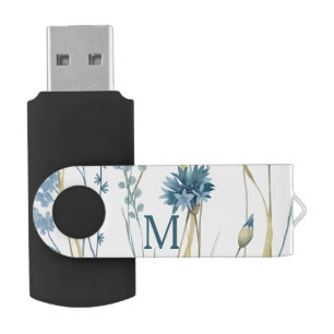 Monogram Floral Light Blue & Gold on White Flash Drive