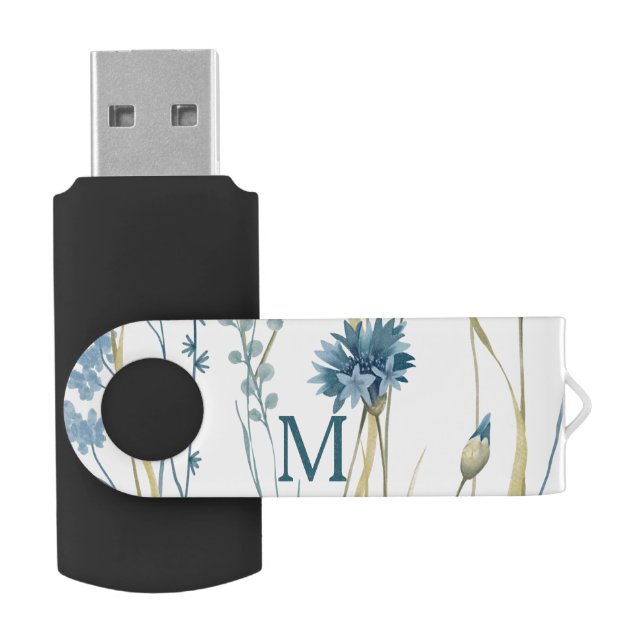Monogram Floral Light Blue & Gold on White Flash Drive (Opened)
