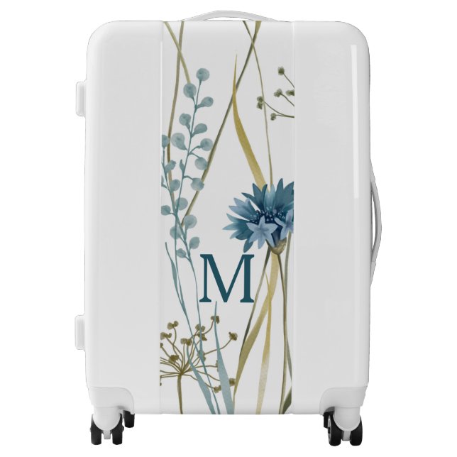Monogram Floral Light Blue Gold on White Luggage (Front)