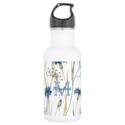 Monogram Floral Light Blue Gold White Stainless Steel Water Bottle