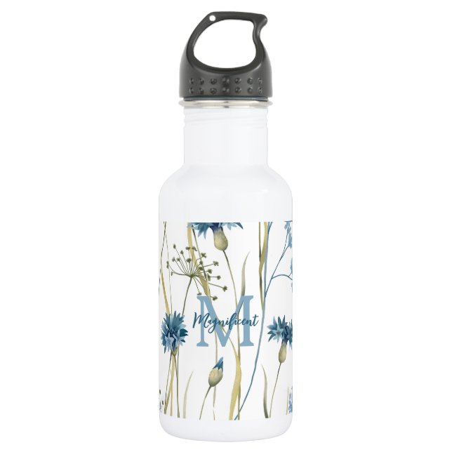 Monogram Floral Light Blue Gold White Stainless Steel Water Bottle (Front)